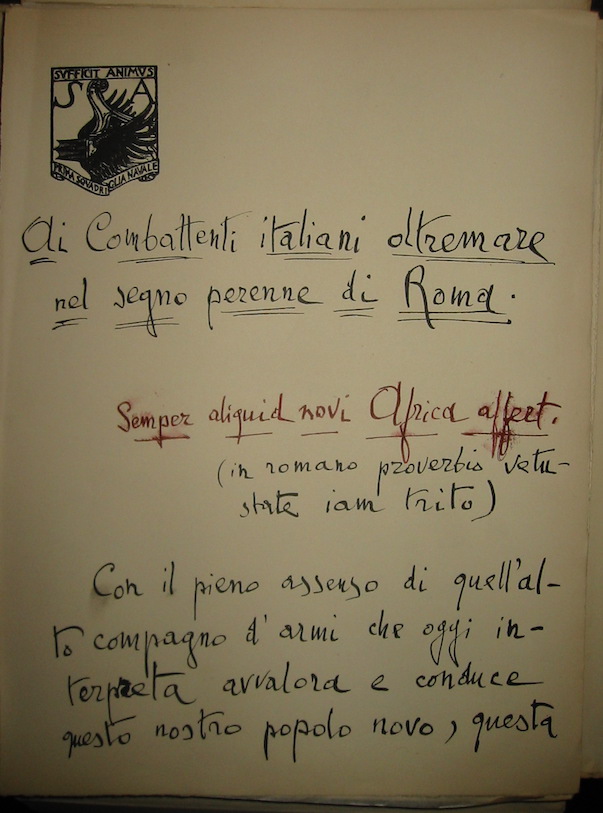 Gabriele D'Annunzio Ai Combattenti italiani oltremare nel segno perenne di Roma s.d. s.l. Officine del Vittoriale